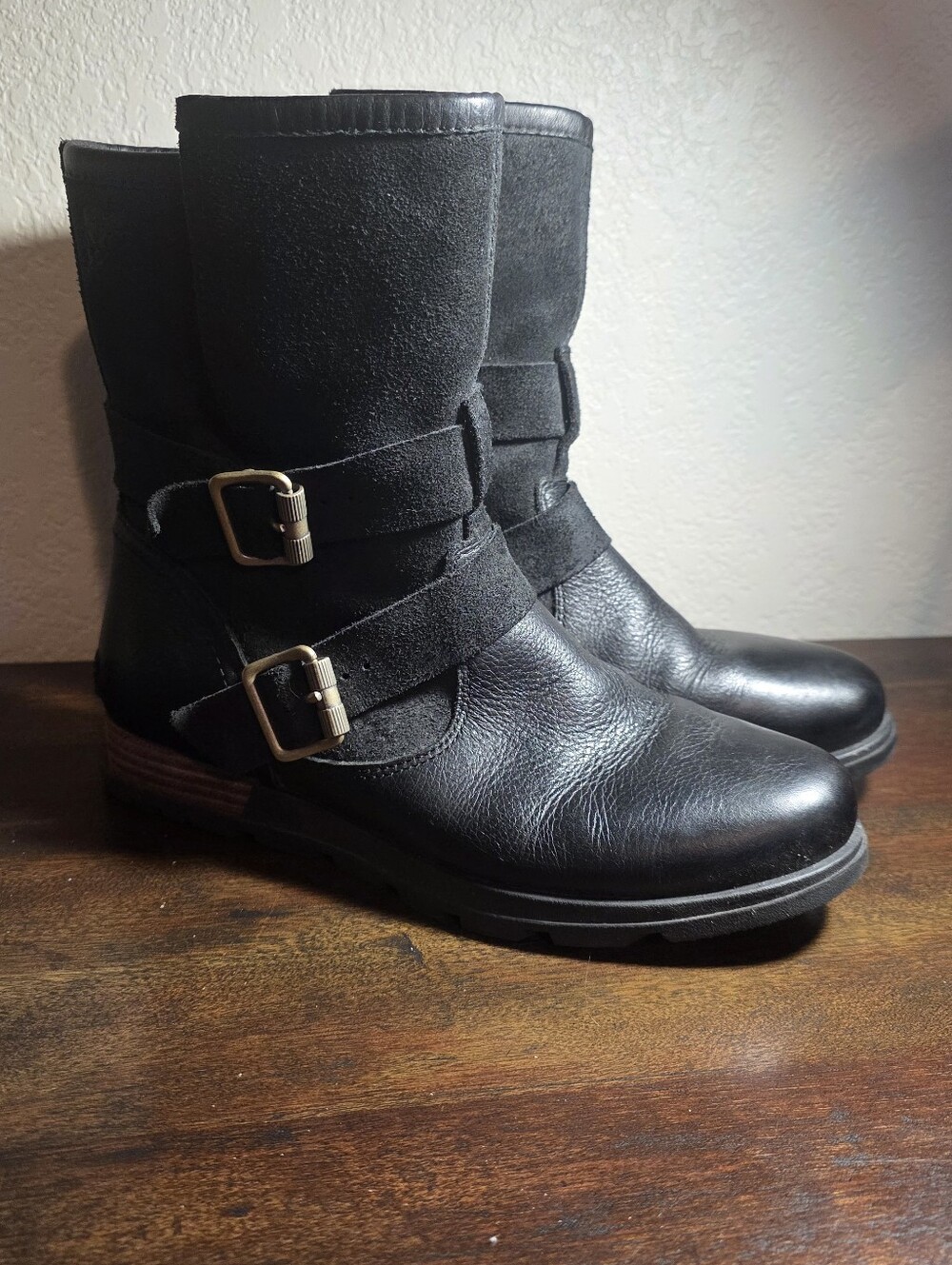 Sorel Major Moto Boots Black Dark Fog Leather Suede Biker Booties Fall Womens 7